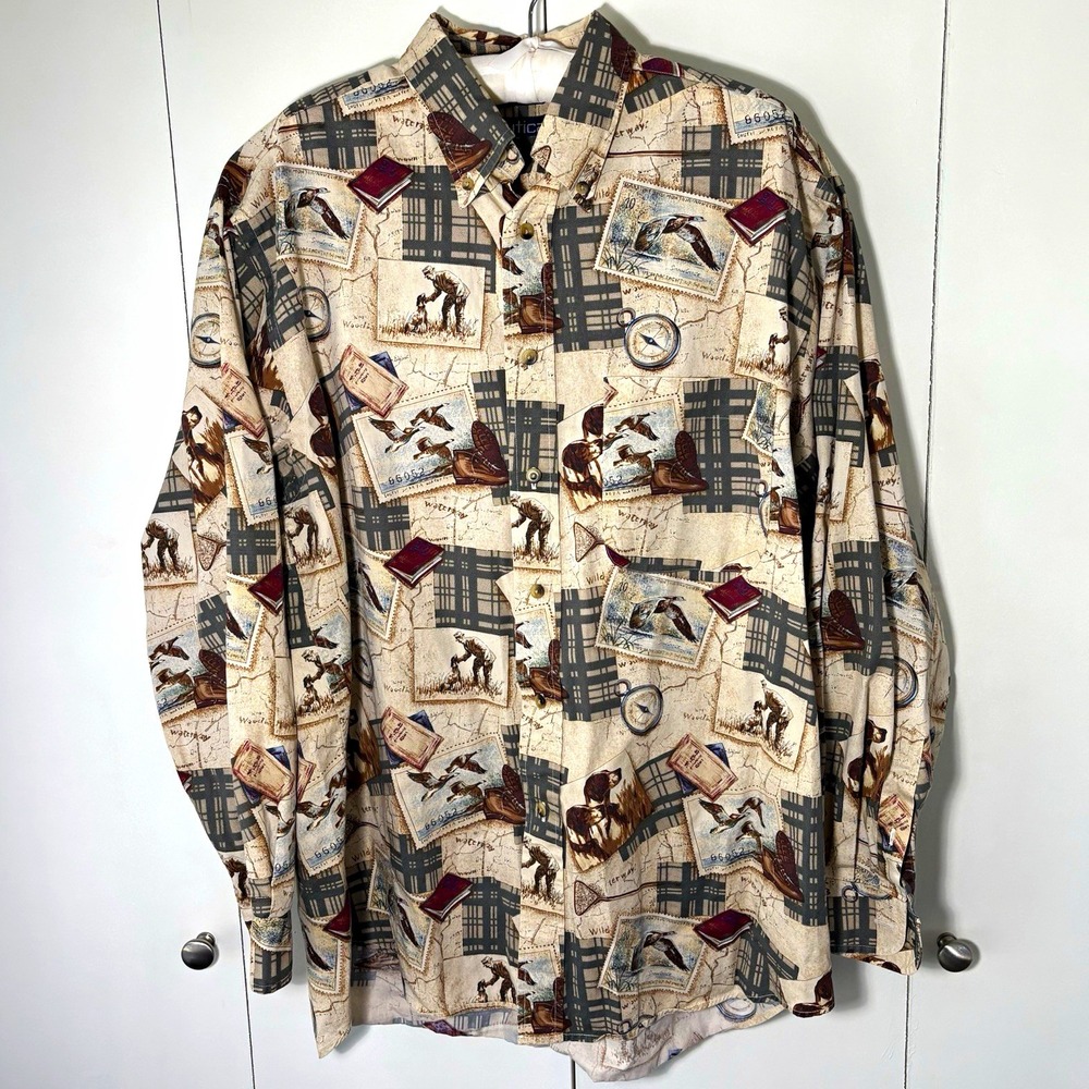 Vtg 90s Nautica Mens L Novelty Hunting Shirt Ducks Dogs Stamp All Over Print